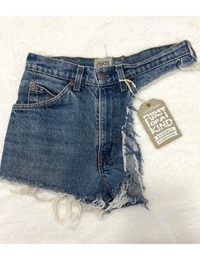 Furst of a Kind Upcycled Orange Tab Vintage Levi’s One Leg Denim Cutoffs Size S